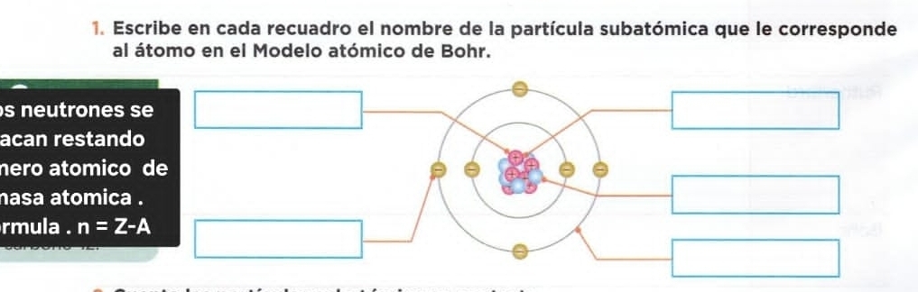 Escribe en cada recuadro el nombre de la partícula subatómica que le corresponde 
al átomo en el Modelo atómico de Bohr. 
s neutrones s 
acan restando 
nero atomico 
nasa atomica . 
rmula . n=Z-A