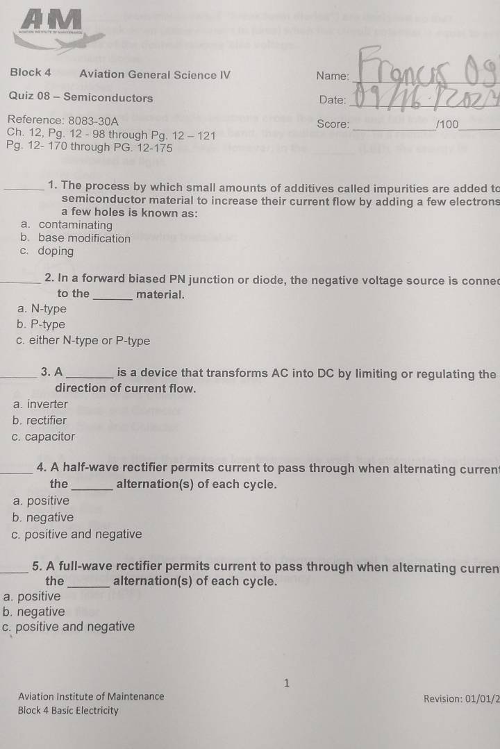 Solved: AM Block 4 Aviation General Science IV Name: _ Quiz 08 ...
