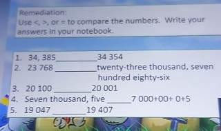 Remediation: 
Use , >, or = to compare the numbers. Write your 
answers in your notebook. 
_ 
1. 34, 385 34 354
_ 
2. 23 768 twenty-three thousand, seven 
hundred eighty-six 
3. 20 100 _ 20 001
4. Seven thousand, five_ 7000+00+0+5
_ 
5. 19 047 19 407