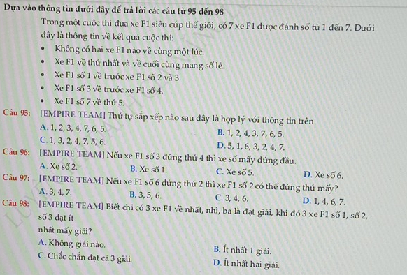 Dựa vào thông tin dưới đây để trả lời các cầu từ 95 đến 98
Trong một cuộc thi đua xe F1 siêu cúp thế giới, có 7 xe F1 đuợc đánh số từ 1 đến 7. Dưới
đây là thông tin về kết quả cuộc thi:
Không có hai xe F1 nào về cùng một lúc.
Xe F1 về thứ nhất và về cuối cùng mang số lẻ
Xe F1 số 1 về trước xe F1 số 2 và 3
Xe F1 số 3 về truớc xe F1 số 4.
Xe F1 số 7 về thứ 5.
Câu 95: [EMPIRE TEAM] Thứ tự sắp xếp nào sau đây là hợp lý với thông tin trên
A. 1, 2, 3, 4, 7, 6, 5. B. 1, 2, 4, 3, 7, 6, 5.
C. 1, 3, 2, 4, 7, 5, 6. D. 5, 1, 6, 3, 2, 4, 7.
Câu 9: [EMPIRE TEAM] Nếu xe F1 số 3 đứng thứ 4 thì xe số mấy đứng đầu.
A. Xe số 2. B. Xe số 1. C. Xe số 5. D. Xe số 6.
Câu 97: [EMPIRE TEAM] Nếu xe F1 số 6 đứng thứ 2 thì xe F1 số 2 có thể đứng thứ mấy?
A. 3, 4, 7. B. 3, 5, 6. C. 3, 4, 6. D. 1, 4, 6, 7.
Câu 98: [EMPIRE TEAM] Biết chi có 3 xe F1 về nhất, nhì, ba là đạt giải, khi đó 3 xe F1 số 1, số 2,
số 3 đạt ít
nhất mấy giải?
A. Không giải nào. B. Ít nhất 1 giải.
C. Chắc chấn đạt cả 3 giải. D. Ít nhất hai giải.