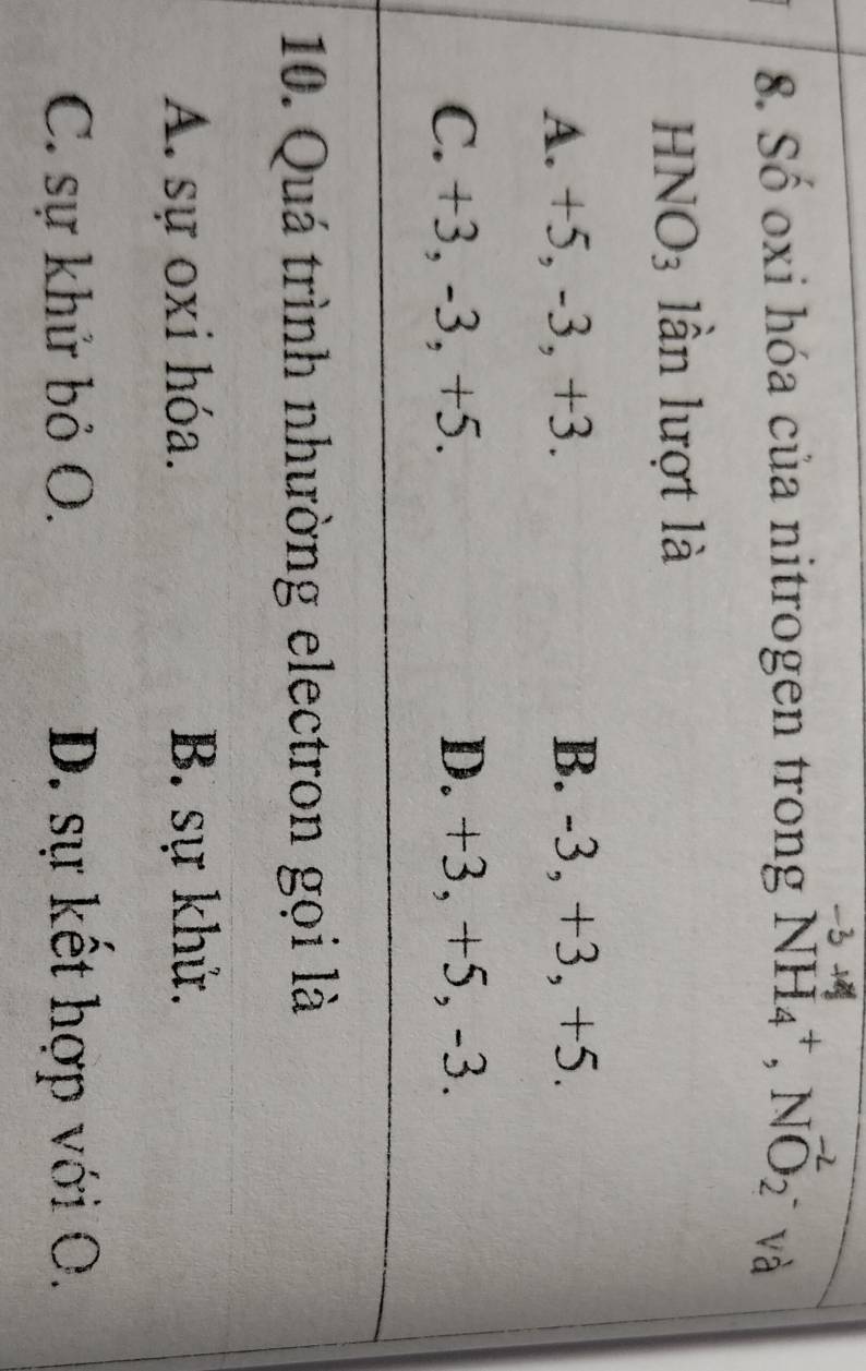 Số oxi hóa của nitrogen trong NH_4^+, NO_2^(-2) và
HNO3 lần lượt là
A. +5, -3, +3. B. -3, +3, +5.
C. +3, -3, +5. D. +3, +5, -3.
10. Quá trình nhường electron gọi là
A. sự oxi hóa. B. sự khứ.
C. sự khử bỏ O. D. sự kết hợp với O.