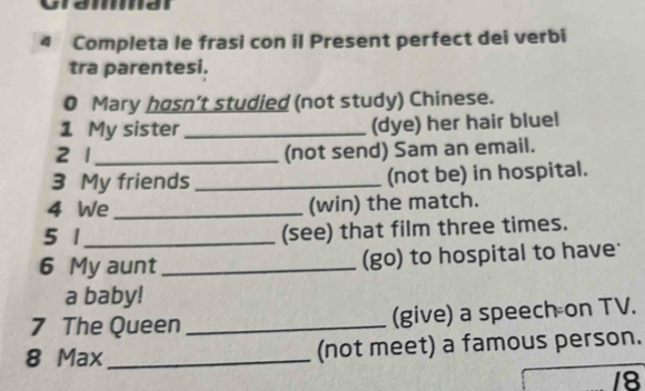 Completa le frasi con il Present perfect dei verbi 
tra parentesi. 
0 Mary hasn’t studied (not study) Chinese. 
1 My sister_ (dye) her hair bluel 
2 1 _(not send) Sam an email. 
3 My friends _(not be) in hospital. 
4 We_ (win) the match. 
5 1_ (see) that film three times. 
6 My aunt _(go) to hospital to have 
a baby! 
7 The Queen _(give) a speech on TV. 
8 Max_ (not meet) a famous person. 
18