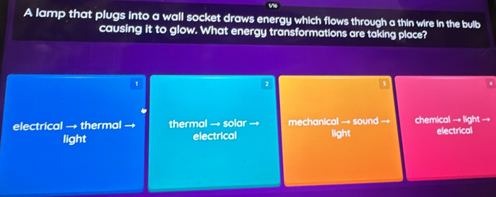 A lamp that plugs into a wall socket draws energy which flows through a thin wire in the bulb
causing it to glow. What energy transformations are taking place?
1
2
3
electrical → thermal thermal → solar mechanical → sound chemical → light →
light electrical light electrical