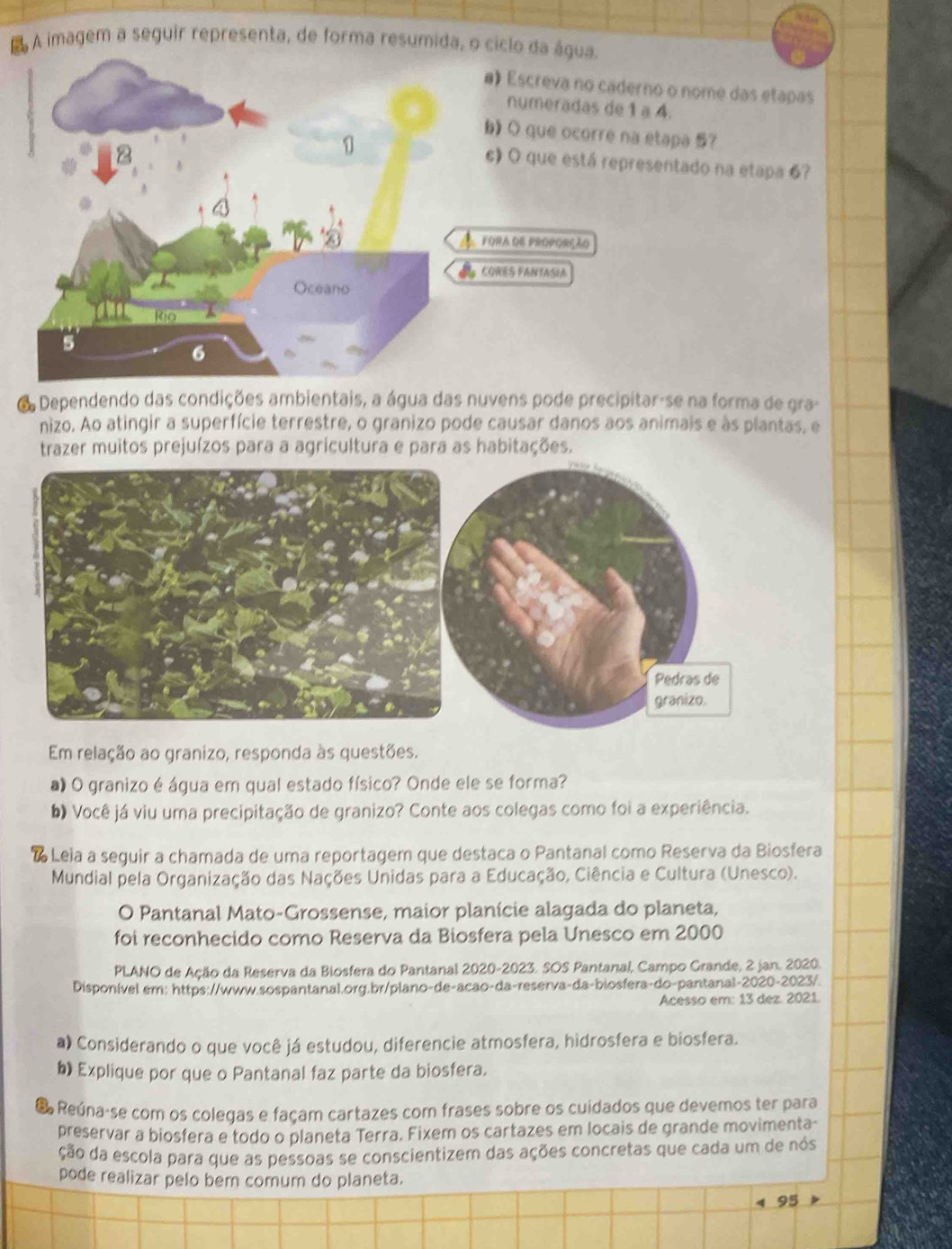 A imagem a seguir representa, de forma resumida, o ciclo da água.
# Escreva no caderno o nome das etapas
numeradas de 1 a 4.
b》 O que ocorre na etapa 5?
c) O que está representado na etapa 6?
Fora de proporção
CORES FANTASIA
O Dependendo das condições ambientais, a água das nuvens pode precipitar-se na forma de gra-
nizo. Ao atingir a superfície terrestre, o granizo pode causar danos aos animais e às plantas, e
trazer muitos prejuízos para a agricultura e para as habitações.
Em relação ao granizo, responda às questões.
a) O granizo é água em qual estado físico? Onde ele se forma?
Você já viu uma precipitação de granizo? Conte aos colegas como foi a experiência.
 Leia a seguir a chamada de uma reportagem que destaca o Pantanal como Reserva da Biosfera
Mundial pela Organização das Nações Unidas para a Educação, Ciência e Cultura (Unesco).
O Pantanal Mato-Grossense, maior planície alagada do planeta,
foi reconhecido como Reserva da Biosfera pela Unesco em 2000
PLANO de Ação da Reserva da Biosfera do Pantanal 2020-2023. SOS Pantanal, Campo Grande, 2 jan. 2020.
Disponível em: https://www.sospantanal.org.br/plano-de-acão-da-reserva-da-biosfera-do-pantanal-2020-2023/
Acesso em: 13 dez. 2021.
a) Considerando o que você já estudou, diferencie atmosfera, hidrosfera e biosfera.
b) Explique por que o Pantanal faz parte da biosfera.
E Reúna-se com os colegas e façam cartazes com frases sobre os cuidados que devemos ter para
preservar a biosfera e todo o planeta Terra. Fixem os cartazes em locais de grande movimenta-
ção da escola para que as pessoas se conscientizem das ações concretas que cada um de nós
pode realizar pelo bem comum do planeta.
95