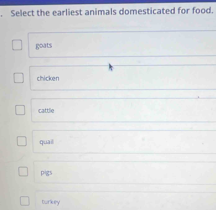 Select the earliest animals domesticated for food.
goats
chicken
cattle
quail
pigs
turkey