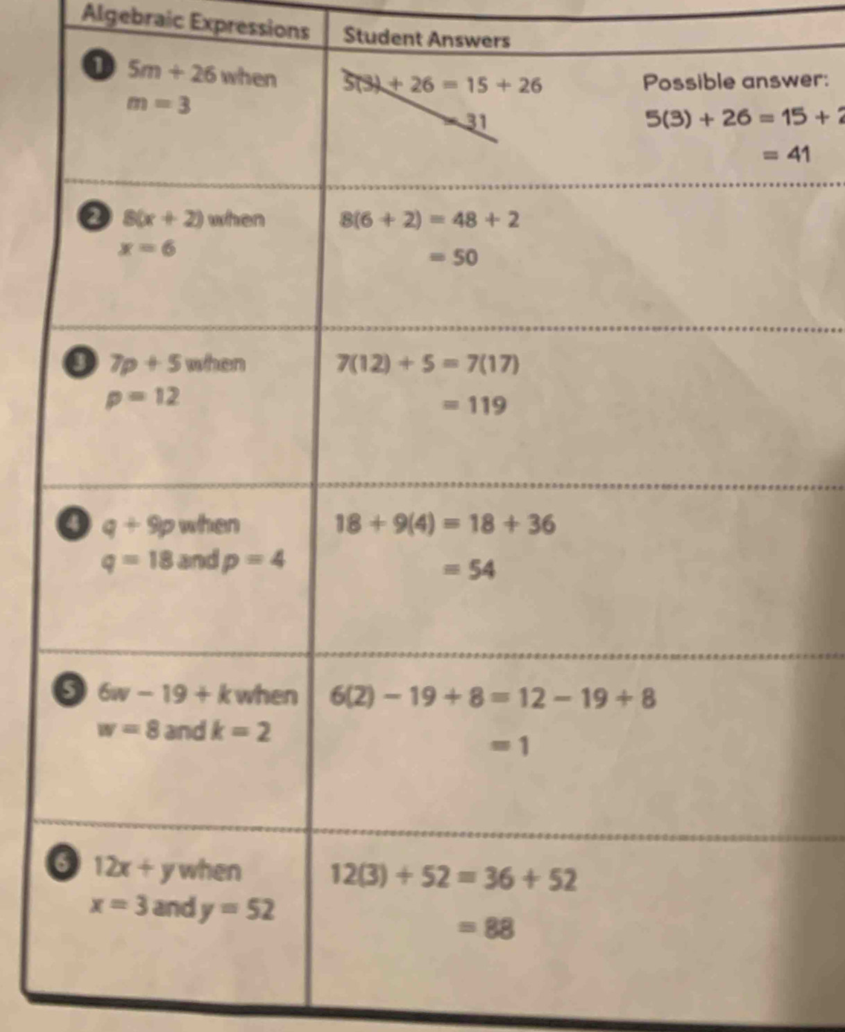 Algebraic Expressions Student Answers
er: