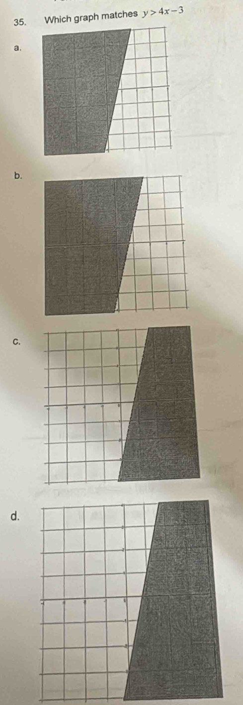 Which graph matches y>4x-3
a. 
b. 
C. 
d.