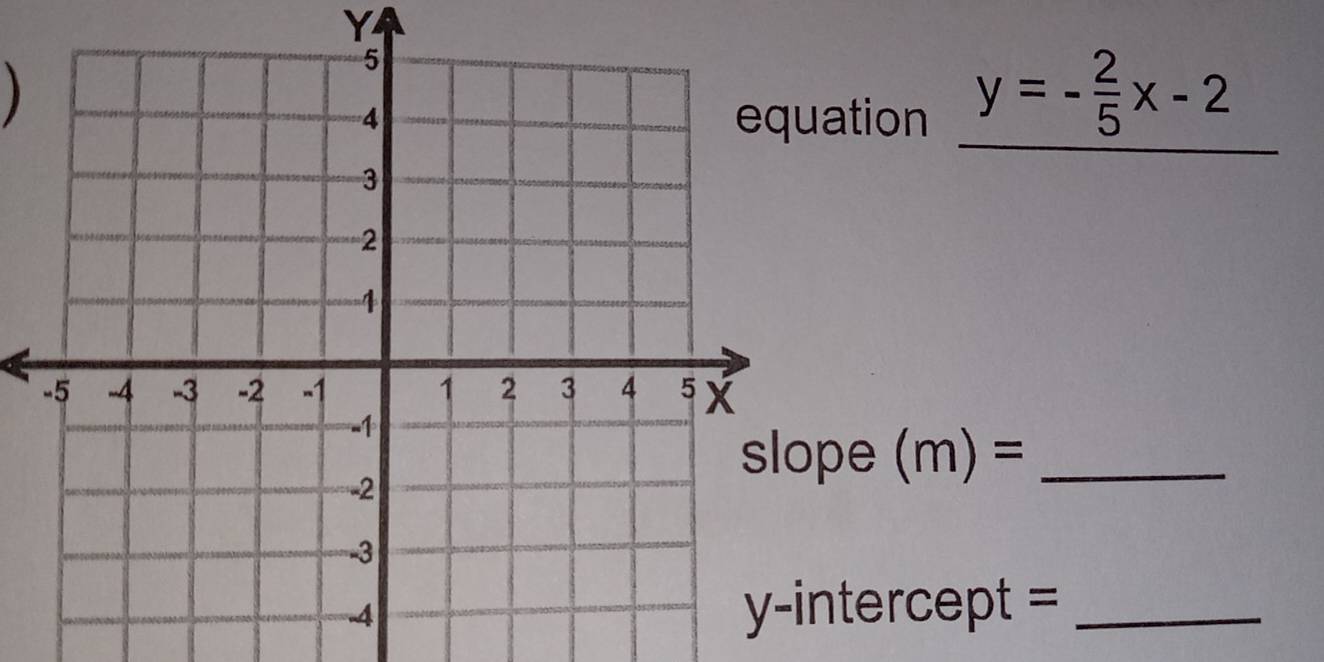 ) 
tion y=- 2/5 x-2
_ 
_ 
_ 
e (m)= _ 
tercept =_