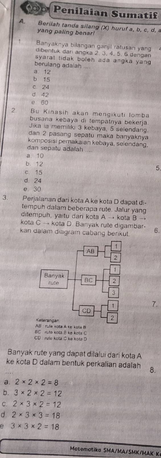 Penilaian Sumatif
A. Berilah tanda silang (X) huruf a, b, c, d, a
yang paling benar!
Banyaknya bilangan ganjil ratusan yang
dibentuk dar angka 2, 3, 4, 5. 6 dengan
syarat tidak boleh ada angka yan .
berulang adalah ....
a. 12
b 15
c 24
d 42
e 60
2. Bu Kinasih akan mengikuti Iomba
busana kebaya di tempatnya bekerja.
Jika ia memiliki 3 kebaya, 5 selendang.
dan 2 pasang sepatu maka banyaknya
komposisi pemakaian kebaya, selendang.
dan sepatu adalah ..
a 10
b. 12
c. 15
5.
d. 24
e. 30
3. Perjalanan dari kota A ke kota D dapat di-
tempuh dalam beberapa rute. Jalur yang
ditempuh, yaitu dari kota A → kota B →
kota C → kota D. Banyak rute digambar-
kan dalam diagram cabang berikut. 6.
7.
BC rute kola B ke kota C
CD rule kota C ke kola D
Banyak rute yang dapat dilalui dari kota A
ke kota D dalam bentuk perkalian adalah 8.
a. 2* 2* 2=8
b. 3* 2* 2=12
C. 2* 3* 2=12
d 2* 3* 3=18
ρ 3* 3* 2=18
Motematika SMA/MA/SMK/MAK K