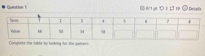 つ 3 2 19 ① Details 
Complete the table by looking for the pattern