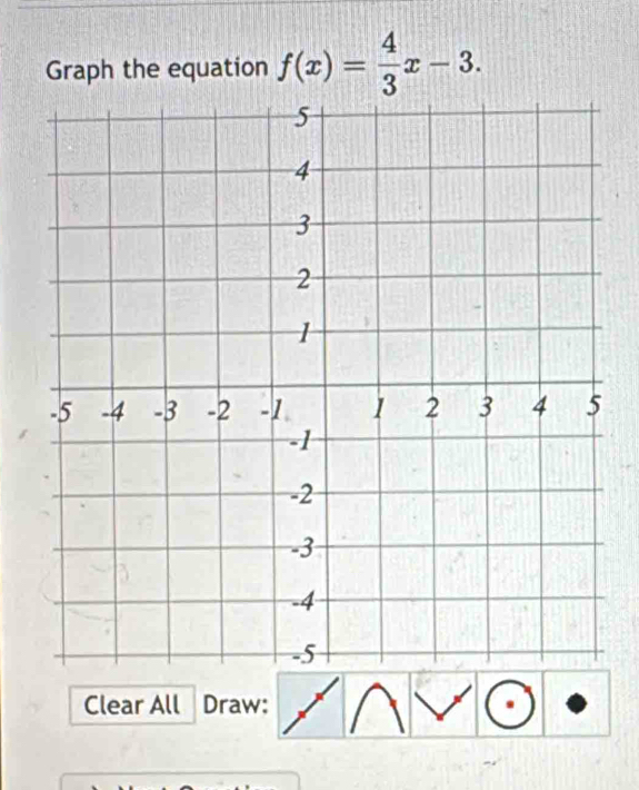 Graph the equation f(x)= 4/3 x-3. 
Clear All Draw: