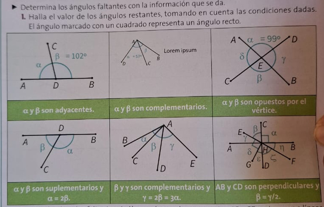 Determina los ángulos faltantes con la información que se da.
Halla el valor de los ángulos restantes, tomando en cuenta las condiciones dadas.
y
alpha =2beta .
gamma =2beta =3alpha .
beta =gamma /2.