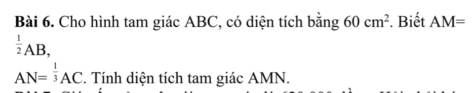 Cho hình tam giác ABC, có diện tích bằng 60cm^2. Biết AM=
 1/2 AB,
AN=^ 1/3 AC. Tính diện tích tam giác AMN.