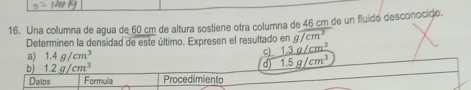 Una columna de agua de 60 cm de altura sostiene otra columna de 46 cm de un fluído desconocido.
Determinen la densidad de este último. Expresen el resultado en gencloselongdiv cm^3
a) 1.4g/cm^3
c) 1.3g/cm^3
b) 1.2g/cm^3 d) 1.5g/cm^3
Datos Formula Procedimiento