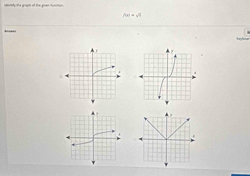 Identify the graph of the given function.
f(x)=sqrt(x)
Answer 
Keyboar