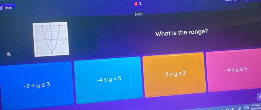 2
51st
24/25
What is the range?
-4≤ y≤ 5
-3
-4≤ y<5</tex>
-3
103 AM