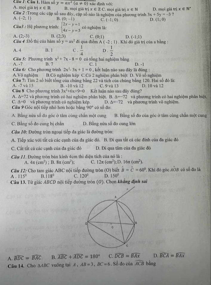 Hàm số y=ax^2(a!= 0)xic định với:
A. mọi giá trị x∈ R B. mọi giá trị x∈ ZC . mọi giá trị x∈ N D. mọi giá trị x∈ N^*
Câu 2 :Trong các cặp số sau đây, cặp số nào là nghiệm của phương trình 3x+5y=-3 ?
A. (-2;1) B. (0;-1) C. (-1;0) D. (1;0)
Câu3 : Hệ phương trình: beginarrayl 2x-y=1 4x-y=5endarray. có nghiệm là:
A. (2;-3) B. (2;3) C. (0;1) D. (-1;1)
Câu 4 :Đồ thị của hàm số y=ax^2 đi qua điểm A(-2;1). Khi đó giá trị của a bằng :
A. 4 B. 1 C .  1/4  D .  1/2 
Câu 5: Phương trình x^2+7x-8=0 có tổng hai nghiệm bằng
A. -7 B. 7 C. 1 D. -1
Câu 6: Cho phương trình 2x^2-3x+1=0 , kết luận nào sau đây là đúng :
A.Vô nghiệm B.Có nghiệm kép C.Có 2 nghiệm phân biệt D. Vô số nghiệm
Cầu 7: Tìm 2 số biết tổng của chúng bằng 22 và tích của chúng bằng 120. Hai số đó là:
A. -7 và 15 B. -10 và 12 C. 9 và 13 D. 10 và 12
Câu 8 Cho phương trình 3x^2+6x+9=0 Kết luận nào sau đây đúng?
A. △ =72 và phương trình có hai nghiệm phân biệt. B. △ =-72 và phương trình có hai nghiệm phân biệt.
C. △ =0 và phương trình có nghiệm kép. D. △ =-72 và phương trình vô nghiệm.
Câu 9 Góc nội tiếp nhỏ hơn hoặc bằng 90° có số đo:
A. Bằng nửa số đo góc ở tâm cùng chắn một cung B. Bằng số đo của góc ở tâm cùng chắn một cung
C. Bằng số đo cung bị chắn D. Bằng nửa số đo cung lớn
Câu 10: Đường tròn ngoại tiếp đa giác là đường tròn:
A. Tiếp xúc với tất cả các cạnh của đa giác đó. B. Đi qua tắt cả các đỉnh của đa giác đó
C. Cất tất cả các cạnh của đa giác đó D. Đi qua tâm của đa giác đó
Câu 11. Đường tròn bán kính 4cm thì diện tích của nó là :
A. 4π (cm^2); B. 8π (cm^2) C. 12π (cm^2); D. 16π (cm^2).
Câu 12: Cho tam giác ABC nội tiếp đường tròn (O) biết hat B=hat C=60^0.. Khi đó góc Ahat OB có shat 0 đo là
A . 115° B 118° C. 120° D. 150°
Câu 13. Tứ giác ABCD nội tiếp đường tròn (O). Chọn khẳng định sai
A. widehat BDC=widehat BAC B. widehat ABC+widehat ADC=180° C. widehat DCB=widehat BAx D. widehat BCA=widehat BAx
Câu 14. Cho △ ABC vuông tại A , AB=3,BC=6. Số đo của widehat ACB bàng