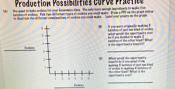 Production Possibilitiés CuPVé Practice 
1A) You want to bake cookies for your Economics class. You only have enough ingredients to make five 
batches of cookies. Pick two different types of cookies you could make. Draw a PPC on the graph below 
to illustrate the different combinations of cookies you could make. Label your points on the graph. 
1B) If you were originally making 5
batches of just one kind of cookie 
what would the opportunity cost 
be if you decided to make 2
batches of the other kind? What 
_ 
Cookiesis the opportunity benefit? 
1C) What would the opportunity 
benefit be if you went from 
making 5 batches of just one kind 
of cookie to making 4 batches of 
the other kind? What is the 
_ 
opportunity cost? 
Cookies