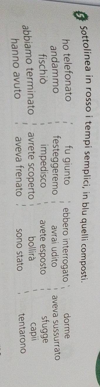 Sottolinea in rosso i tempi semplici, in blu quelli composti. 
ho telefonato fu giunto ebbero interrogato dorme 
andammo festeggeremo avrai udito aveva sussurrato 
fischiò impedisco avete esposto sfugge 
abbiamo terminato avrete scoperto bollirà capii 
hanno avuto aveva frenato sono stato tentarono