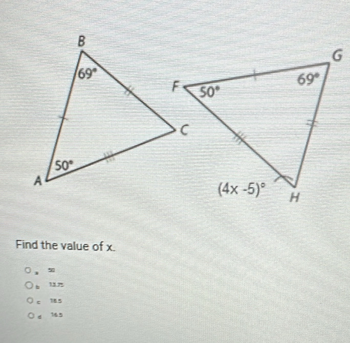 Find the value of x.
1
b 137
c 185
d 165