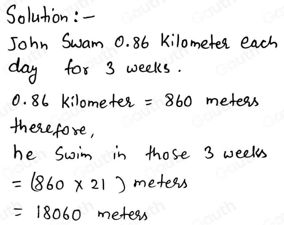 Solved: Solve. To practice for an Ironman competition, John swam 0.86 ...