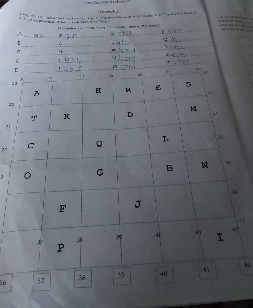 Four-Figure Grid References 
Homework 2 
Using the grid below, find the four figure grid references for each of the paints 'B' to 'T and write them in 
se the gnd beme to e 
the spaces provided. 'A' has already been done for you wf forest Eestur = 
_ 
(Remember the rhyme 'along the corridor, then up the stairs') 
draw the tyspol = t 
rection fom e 
_ 
A 36.22
B 
G 
R 
C 
H 
M 
S 
D 
I 
N 
T 
2
21
20
9 
7
42
36
37
38