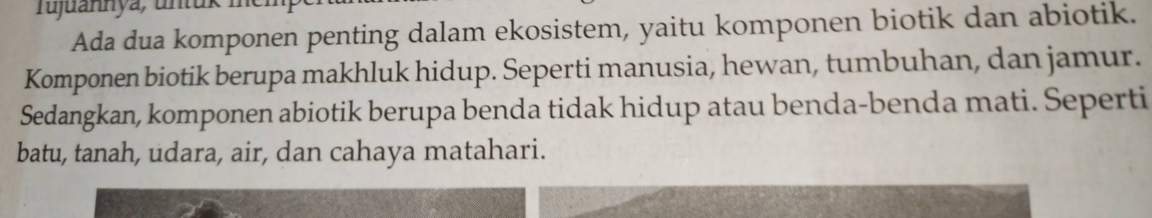 Tujuannya, un tu k 1 
Ada dua komponen penting dalam ekosistem, yaitu komponen biotik dan abiotik. 
Komponen biotik berupa makhluk hidup. Seperti manusia, hewan, tumbuhan, dan jamur. 
Sedangkan, komponen abiotik berupa benda tidak hidup atau benda-benda mati. Seperti 
batu, tanah, udara, air, dan cahaya matahari.