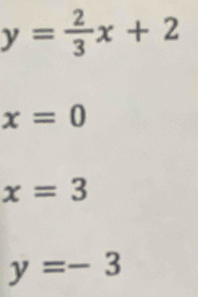 y= 2/3 x+2
x=0
x=3
y=-3