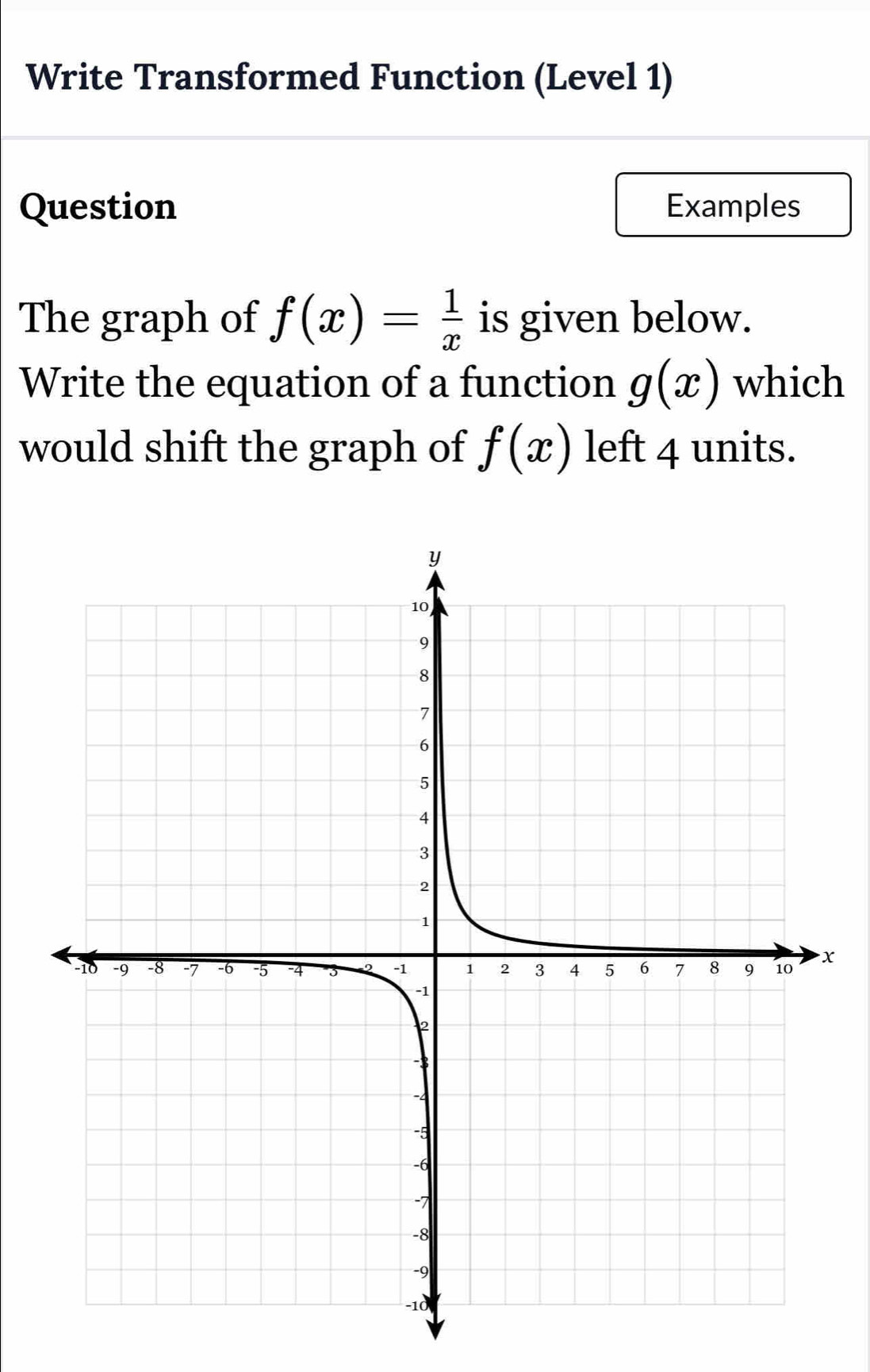 Write Transformed Function (Level 1) 
Question Examples 
The graph of f(x)= 1/x  is given below. 
Write the equation of a function g(x) which 
would shift the graph of f(x) left 4 units.
x