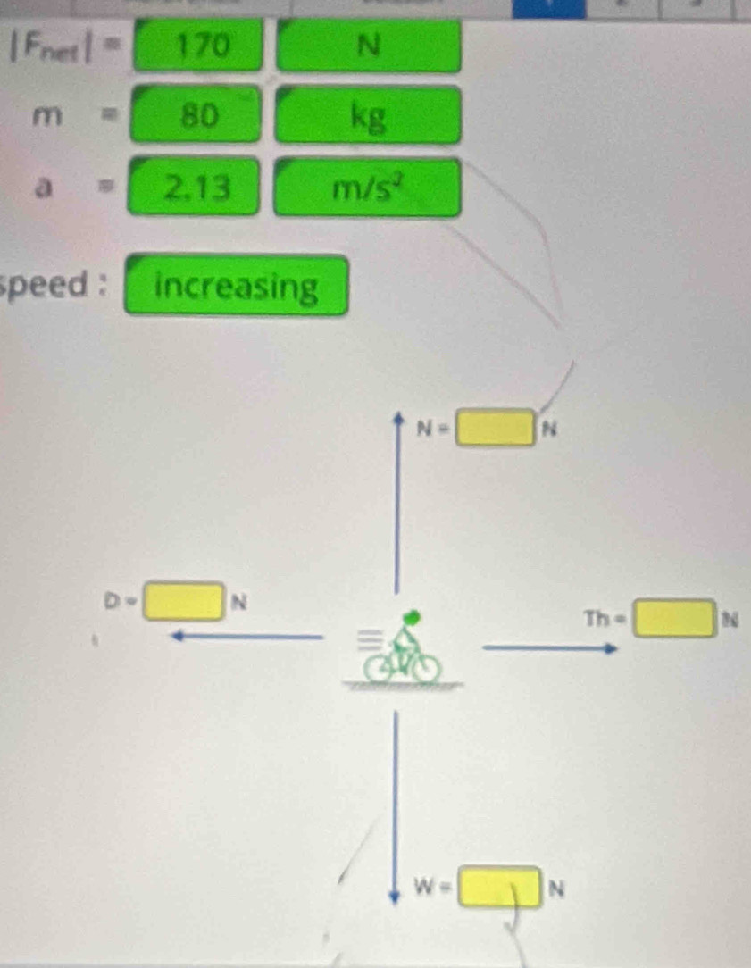 Fnet| = 170 N
m=80
kg
a=2.13
m/s^2
speed : increasing