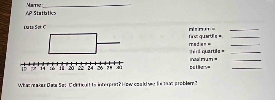 Name: 
_ 
AP Statistics 
Data Set C minimum =_ 
first quartile =._
median =_ 
third quartile =_ 
maximum =_ 
outliers=_ 
What makes Data Set C difficult to interpret? How could we fix that problem?