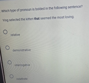 Which type of pronoun is bolded in the following sentence?
Ying selected the kitten that seemed the most loving.
relative
demonstrative
interrogative
indefinite