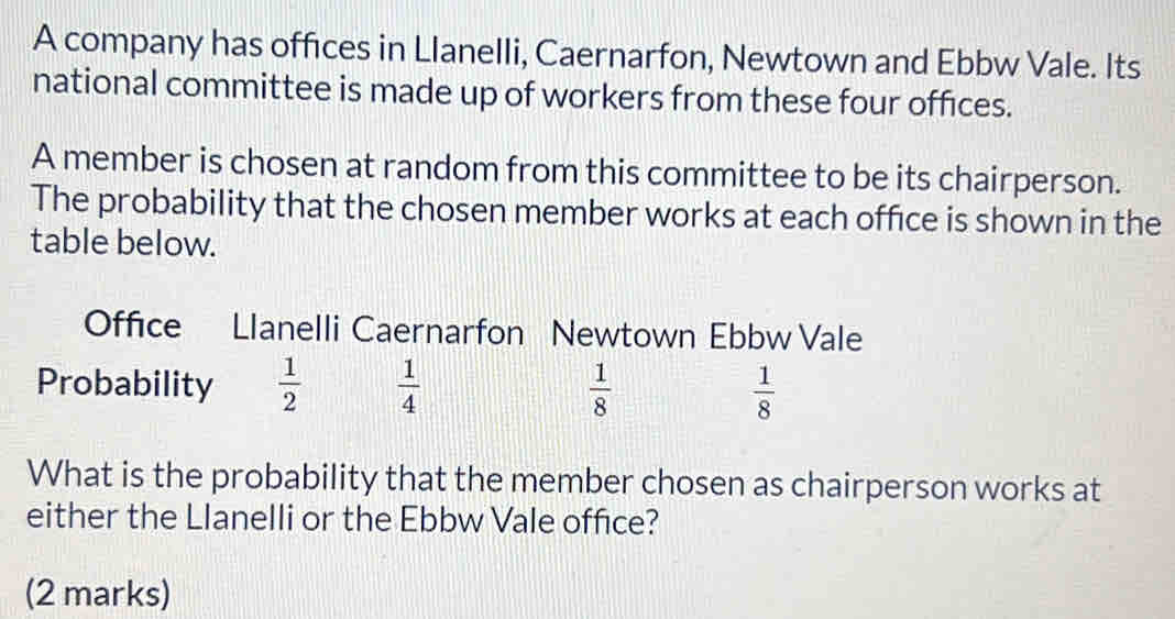 A company has offices in Llanelli, Caernarfon, Newtown and Ebbw Vale. Its 
national committee is made up of workers from these four offices. 
A member is chosen at random from this committee to be its chairperson. 
The probability that the chosen member works at each office is shown in the 
table below. 
Office Llanelli Caernarfon Newtown Ebbw Vale 
Probability  1/2   1/4   1/8   1/8 
What is the probability that the member chosen as chairperson works at 
either the Llanelli or the Ebbw Vale office? 
(2 marks)