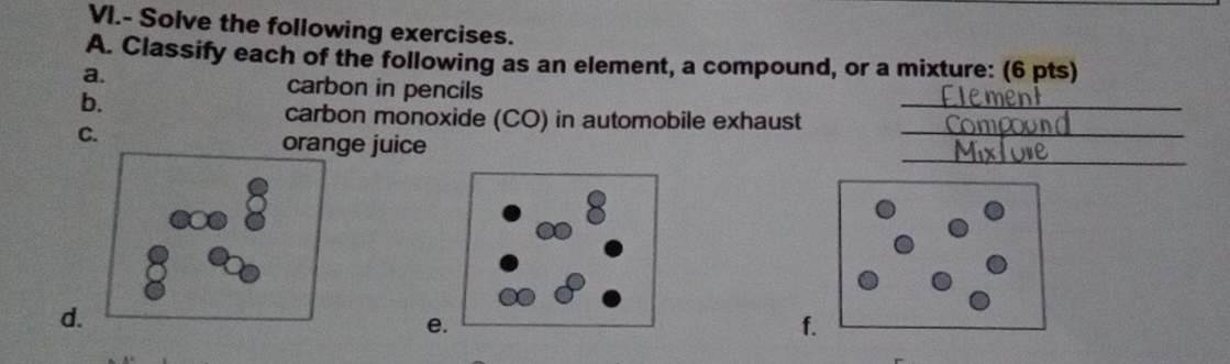 VI.- Solve the following exercises. 
A. Classify each of the following as an element, a compound, or a mixture: (6 pts) 
a. 
b. 
carbon in pencils 
carbon monoxide (CO) in automobile exhaust_ 
_ 
_ 
C. 
orange juice 
d. 
e 
f