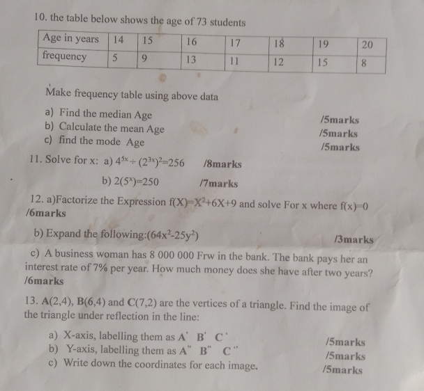 the table below shows the age of 73 students 
Make frequency table using above data 
a) Find the median Age /5marks 
b) Calculate the mean Age /5marks 
c) find the mode Age /5marks 
11. Solve for x : a) 4^(5x)/ (2^(3x))^2=256 /8marks 
b) 2(5^x)=250 /7marks 
12. a)Factorize the Expression f(X)=X^2+6X+9 and solve For x where f(x)=0
/6marks 
b) Expand the following: (64x^2-25y^2) /3marks 
c) A business woman has 8 000 000 Frw in the bank. The bank pays her an 
interest rate of 7% per year. How much money does she have after two years? 
/6marks 
13. A(2,4), B(6,4) and C(7,2) are the vertices of a triangle. Find the image of 
the triangle under reflection in the line: 
a) X-axis, labelling them as A'B'C' /5marks 
b) Y-axis, labelling them as A''B''C'' /5marks 
c) Write down the coordinates for each image. /5marks