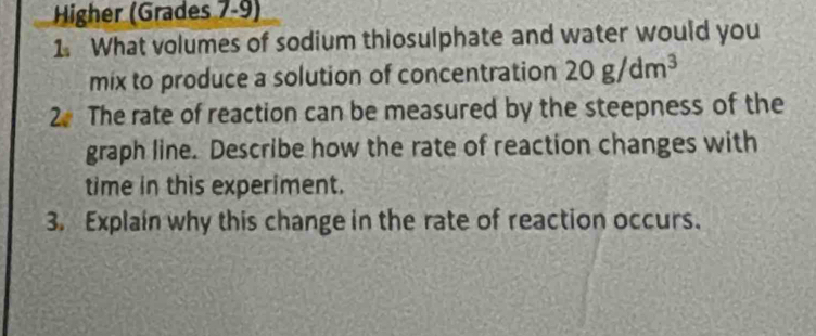 Higher (Grades 7-9) 
1. What volumes of sodium thiosulphate and water would you 
mix to produce a solution of concentration 20g/dm^3
2. The rate of reaction can be measured by the steepness of the 
graph line. Describe how the rate of reaction changes with 
time in this experiment. 
3. Explain why this change in the rate of reaction occurs.