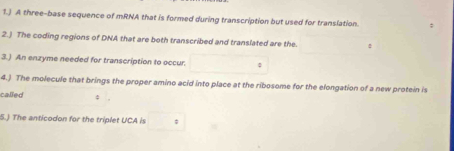 1.) A three-base sequence of mRNA that is formed during transcription but used for translation. 
2.) The coding regions of DNA that are both transcribed and translated are the. 
3.) An enzyme needed for transcription to occur. ; 
4.) The molecule that brings the proper amino acid into place at the ribosome for the elongation of a new protein is 
called 
5.) The anticodon for the triplet UCA is ;