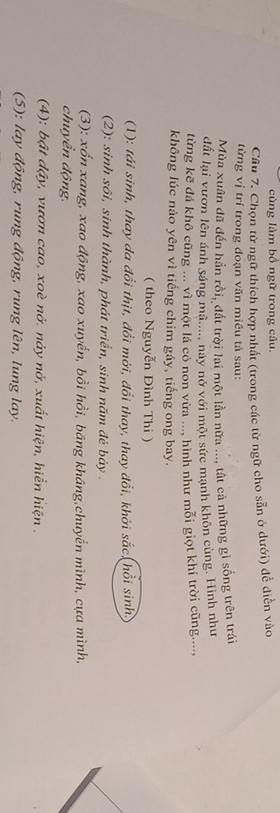 cùng làm bồ ngữ trong câu.
Câu 7. Chọn từ ngữ thích hợp nhất (trong các từ ngữ cho sẵn ở dưới) để diền vào
từng vị trí trong đoạn văn miêu tả sau:
Mùa xuân đã đến hẳn rồi, đất trời lai một lần nữa ..., tất cả những gì sống trên trái
đất lại vươn lên ánh sáng mậ...., này nở với một sức mạnh khôn cùng. Hình như
từng kẽ đá khô cũng ... vì một lá có non vừa ...., hình như mỗi giọt khí trời cũng....,
không lúc nào yên vì tiếng chim gáy, tiếng ong bay.
( theo Nguyễn Đình Thi )
(1): tái sinh, thay đa đổi thịt, đồi mới, đổi thay, thay đổi, khởi sắc (hồi sinh
(2): sinh sôi, sinh thành, phát triển, sinh năm đẻ bảy .
(3): xốn xang, xao động, xao xuyến, bồi hồi, bāng khâng,chuyển mình, cựa mình,
chuyển động.
(4): bật dậy, vươn cao, xoè nở. nảy nở, xuất hiện, hiển hiện .
(5): lay động, rung động, rung lên, lung lay.
