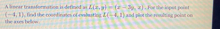 A linear transformation is defined as L(x,y)=(x-3y,x). For the input point
(-4,1) , find the coordinates of evaluating L(-4,1) and plot the resulting point on 
the axes below.