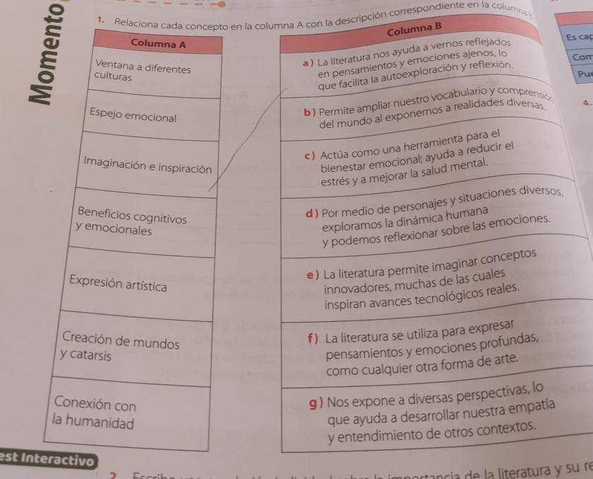 Relaciona en la co con la descripción correspondiente en la column 
s caç 
Com 
Pu 
4. 

est Interactivo 
rtancia de la literatura y su re