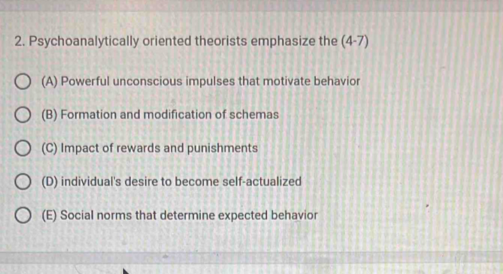 Psychoanalytically oriented theorists emphasize the (4-7)
(A) Powerful unconscious impulses that motivate behavior
(B) Formation and modification of schemas
(C) Impact of rewards and punishments
(D) individual's desire to become self-actualized
(E) Social norms that determine expected behavior