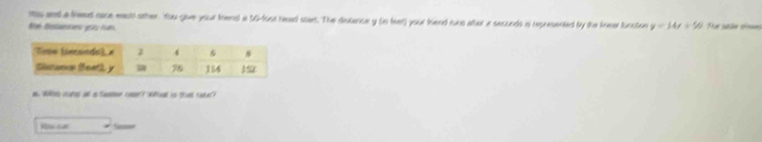 itas and a fred care east other You give your frend i 50fust reead san. The disbance y Go feet) your friend runs atar i secunds is represented by the knsel function 
thé distinnes you fun y=14x+50 he sản t 
e Ws cones all a famer ree? What is that rasal? 
R sac S