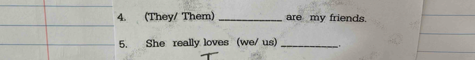 (They/ Them) _are my friends. 
5. She really loves (we/ us)_ 
.