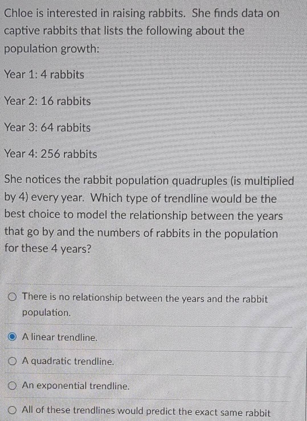 Chloe is interested in raising rabbits. She finds data on
captive rabbits that lists the following about the
population growth:
Year 1:4 rabbits
Year 2:16 rabbits
Year 3:64 rabbits
Year 4:256 rabbits
She notices the rabbit population quadruples (is multiplied
by 4) every year. Which type of trendline would be the
best choice to model the relationship between the years
that go by and the numbers of rabbits in the population
for these 4 years?
There is no relationship between the years and the rabbit
population.
A linear trendline.
A quadratic trendline.
An exponential trendline.
All of these trendlines would predict the exact same rabbit