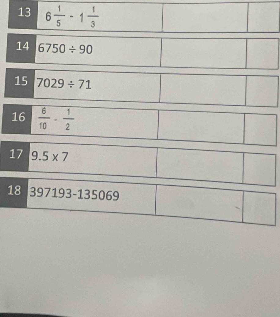 14 6750/ 90
15 7029/ 71
16  6/10 - 1/2 
17 9.5* 7
18 397193-135069