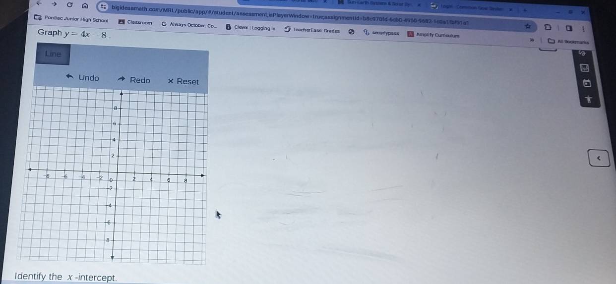 Sun-Larth Dystam & Soi a t S 
bigideasmath.com/MRL/public/app/#/student/assessment;isPlayerWindow=true;assignmentid=b8c970fd-6cb0-4950-9682-1c8a1fbf91a1 
Pontiac Junior High School Classroom G Always October: C Clever | Logging in TeacherEase: Grades securlypass Amplity Curriculum 
Graph y=4x-8. 
All Bockarks 
Line 
Undo Redo × R 
< 
Identify the  x -intercept.
