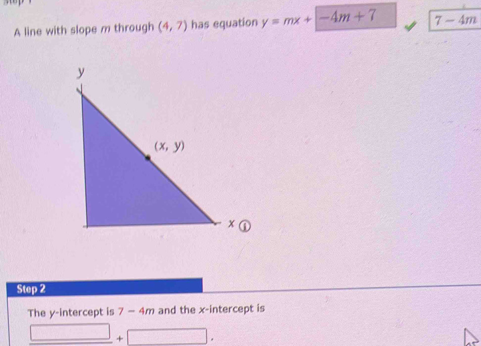 Solved: A line with slope m through (4,7) has equation y=mx+[-4m+7 7-4m ...