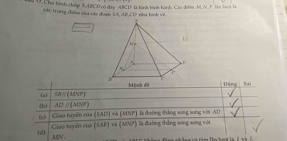 = . o hình chóp S. ABCD có đáy ABCD là hình bình hành. Các điểm M, N , P lân lượt là
các trung điểm của các đoạn SA, AB, CD như hình vẽ.
Mệnh đề Đúng Sai
(a) SB//(MNP)
(b) ADparallel (MNP)
(c) Giao tuyến của (SAD) và (MNP) là đường thắng song song với AD
Giao tuyến của (SAB) và (MNP) là đường thẳng song song với
(d) MN.
ng đồng nhắng có tâm fân lượt là L v à L