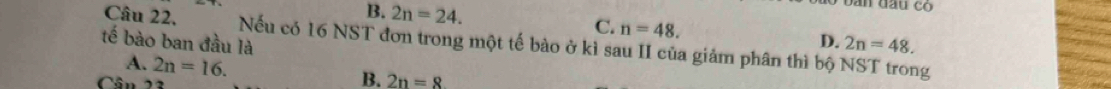 B.
Câu 22, 2n=24.
C. n=48. 2n=48. 
D.
tế bào ban đầu là Nếu có 16 NST đơn trong một tế bào ở kì sau II của giảm phân thì bộ NST trong
A. 2n=16. 
Cân 23
B. 2n=8