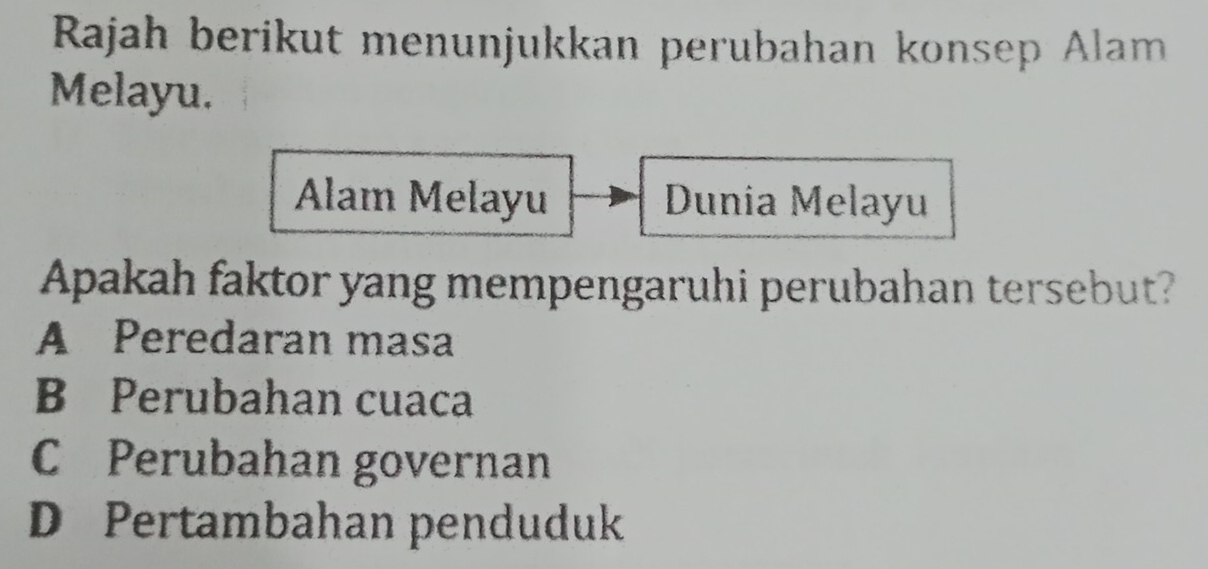 Rajah berikut menunjukkan perubahan konsep Alam
Melayu.
Alam Melayu Dunia Melayu
Apakah faktor yang mempengaruhi perubahan tersebut?
A Peredaran masa
B Perubahan cuaca
C Perubahan governan
D Pertambahan penduduk